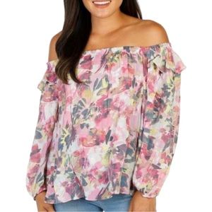 Zac & Rachel women's floral tie dye puff sleeve ruffle top, Sz M